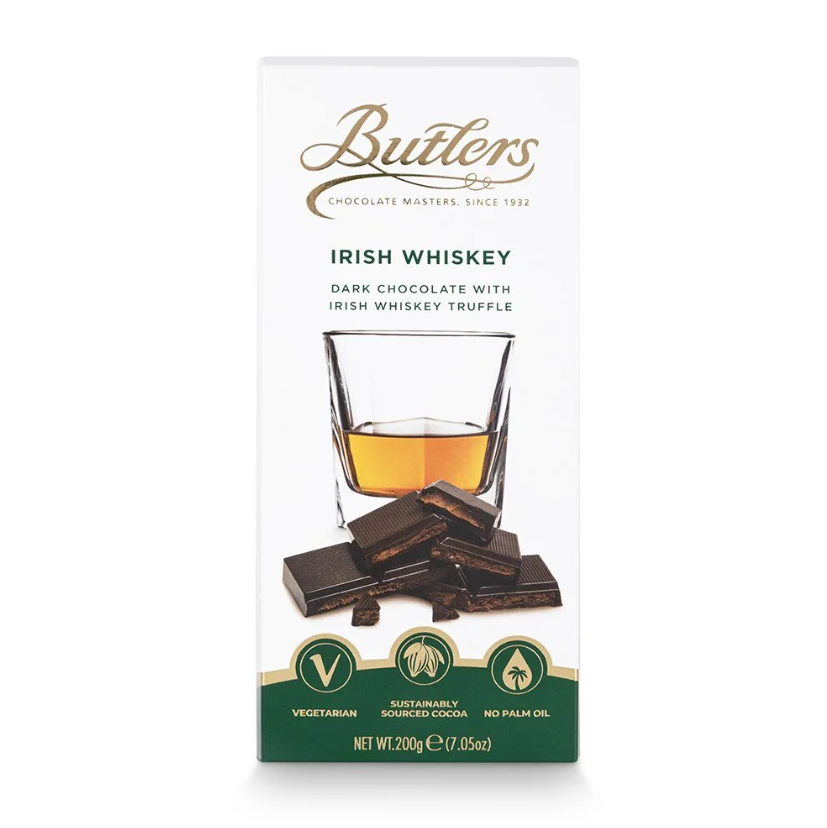 Butlers Irish Whiskey dark chocolate -packaging with a glass of whiskey -and chocolate pieces.