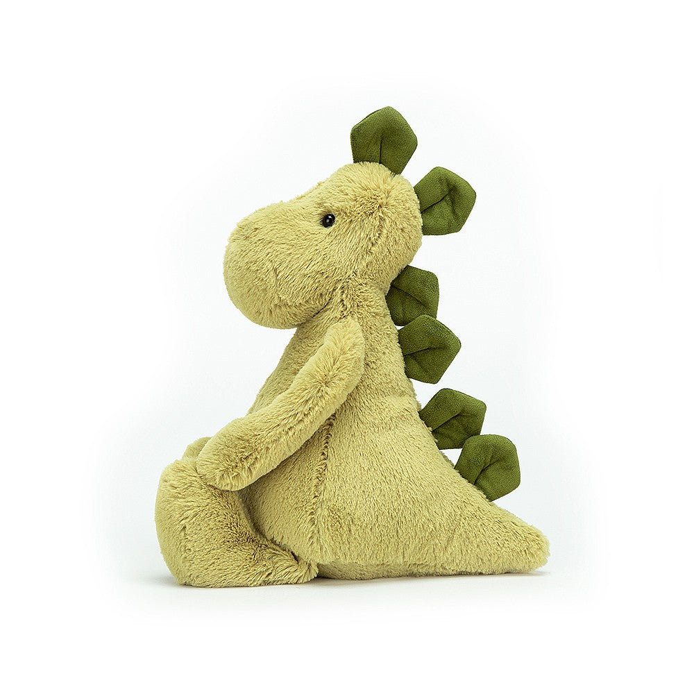 Bashful Green Dino - mossy green fur - soft toy - chunky stomper-feet - a snuggly snout - fine squishy spines from head to tail