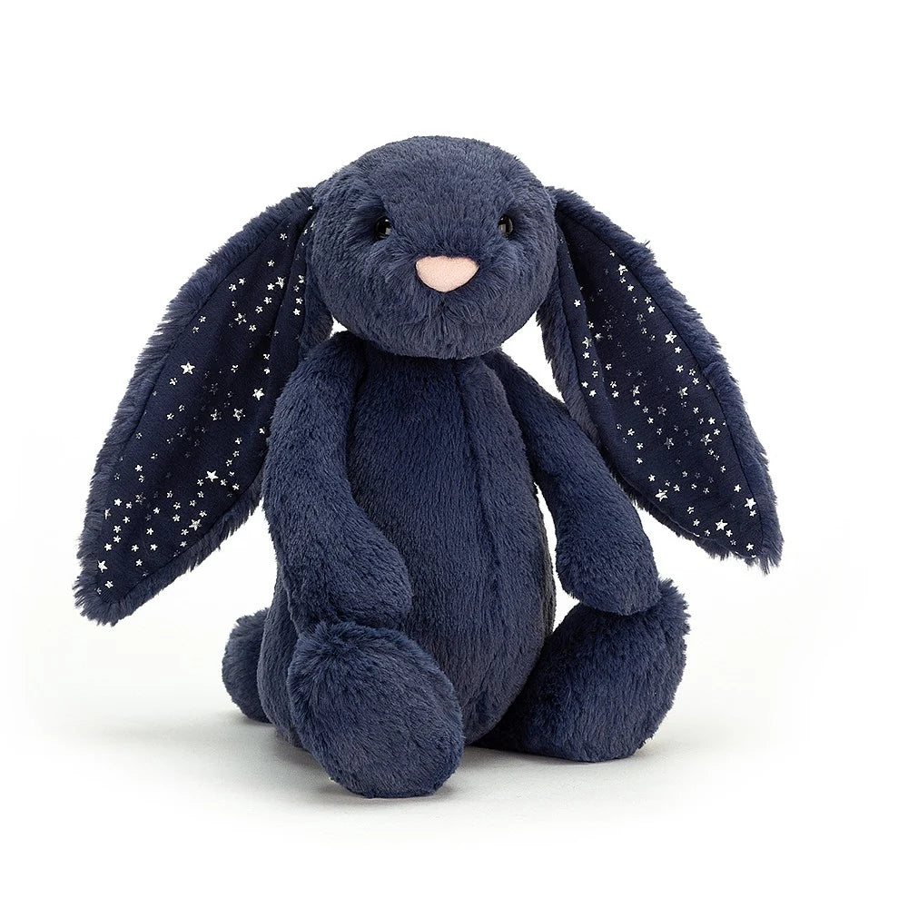 Bashful Stardust Bunny - soft toy - deep navy - ears full of twinkling silver stars