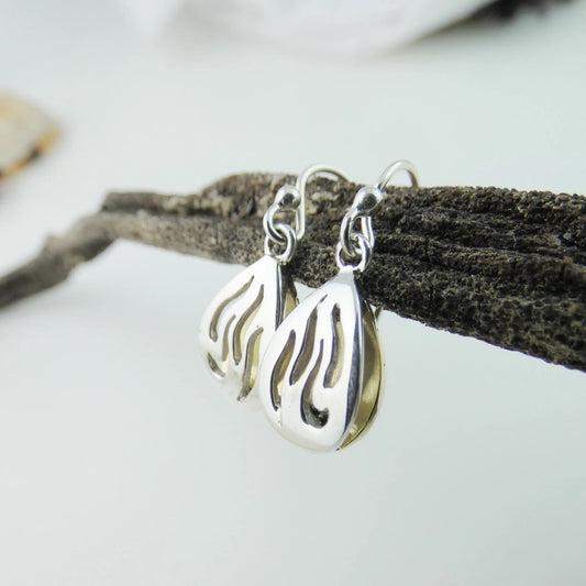 Bealtaine Earrings - shaped like the flames of fire - silver and brass - drop earrings -banshee silver
