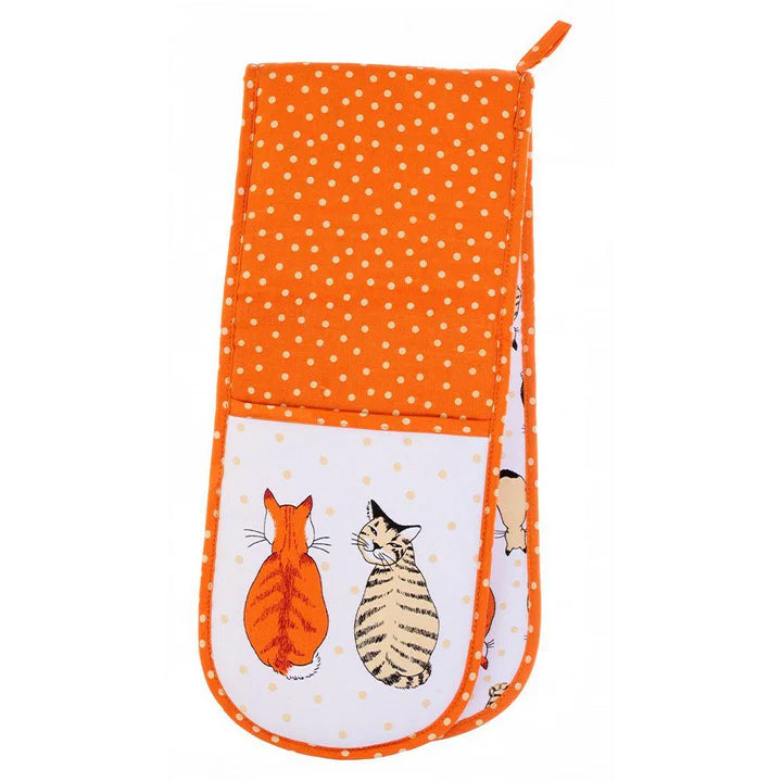 Ulster Weavers Double Oven Glove - Cats in Waiting Orange = cotton - polyester wadding - orange with white dots - cats waiting