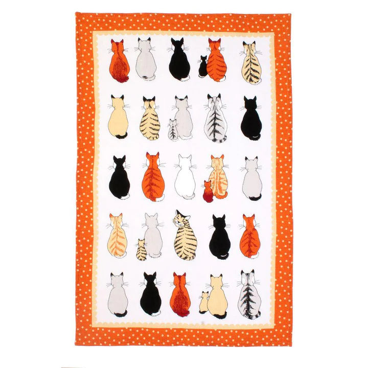 Cats in Waiting Tea Towel - different cats looking up - orange trim - 100% cotton