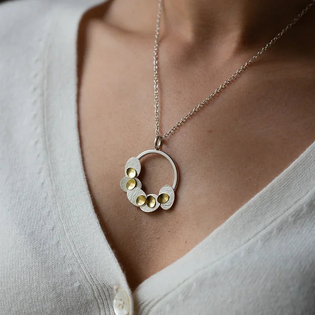Cascade Pendant - large ring pendant with five textured large ovals - 5 smaller gold ovals