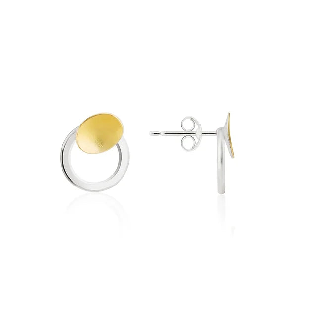 Cascade Small Stud Earrings with Ring - textured silver and rich 22ct gold oval