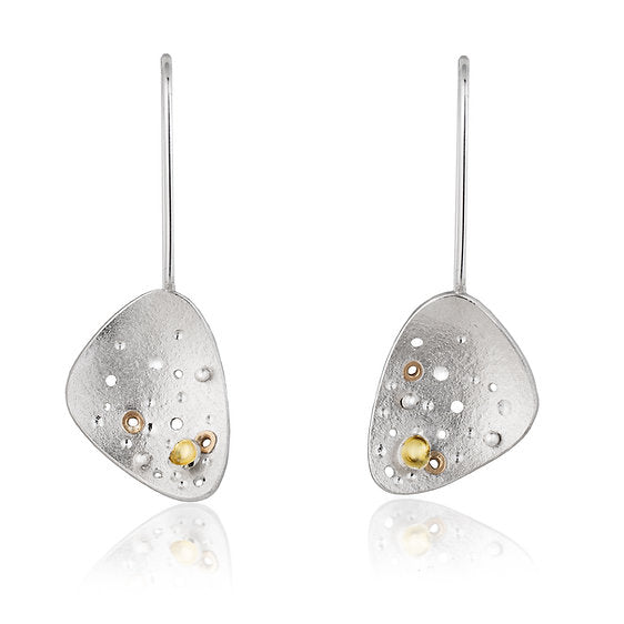 Dusk Hook Earrings - matte silver - gold rivet style holes - like stars- long hook 20mm
