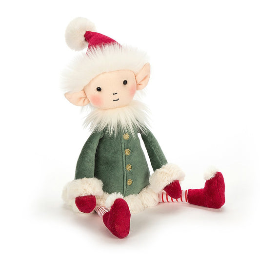 Leffy Elf - fun elf with soft green jacket and gold buttons - red boots and hat - candy cane tights - pointy elf ears