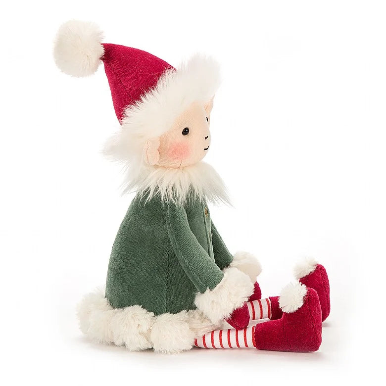 Leffy Elf - fun elf with soft green jacket and gold buttons - red boots and hat - candy cane tights - pointy elf ears