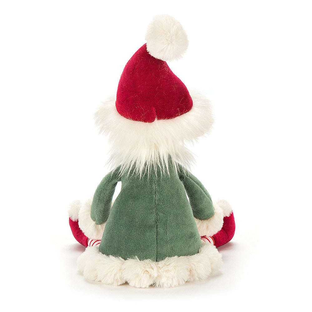 Leffy Elf - fun elf with soft green jacket and gold buttons - red boots and hat - candy cane tights - pointy elf ears