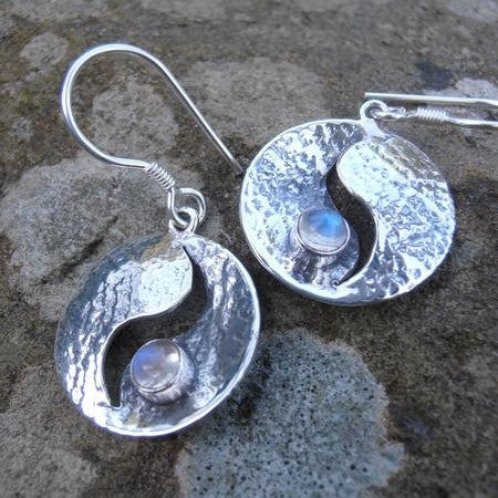 Moonstone Hook Earrings - sterling silver - moonstone in the middle - round earring with centre cut out. 