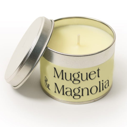 Muguet & Magnolia Coordinate Candle - Approx. 8cm x 6cm - Yellow wax and yellow label - Tin - Burns up to 35 hours.