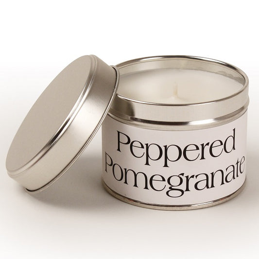 Peppered Pomegranate Coordinate Candle - Approx. 8cm x 6cm - White wax and white label - Tin - Burns up to 35 hours.