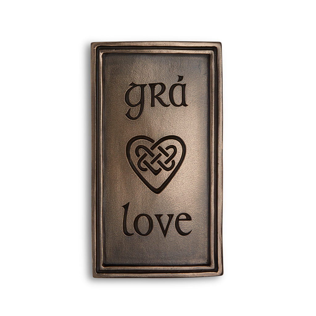 Grá, Love with Heart Knotwork Bronze Plaque - top line Gra - celtic heart knot - bottom line love