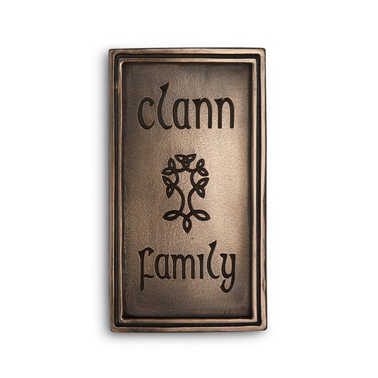 Clann Family Celtic Tree Bronze Plaque - top line clann - celtic tree in the middle - bottom line family - 8cm by 12cm