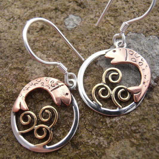 Salmon of Knowledge Hook Earrings - Handmade in sterling silver, with brass spirals and a copper fish - circular design-  