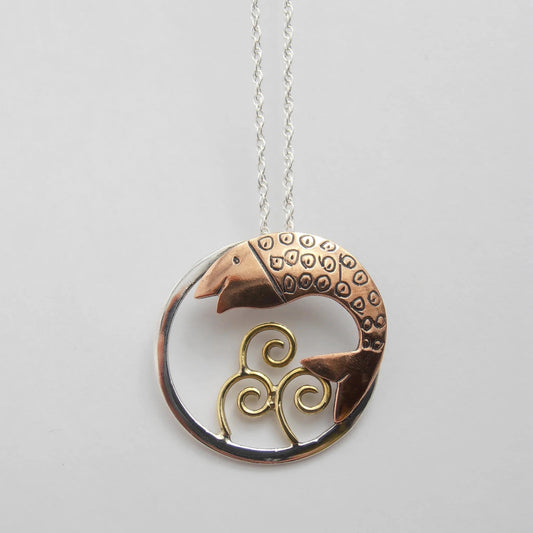 Salmon of Knowledge Pendant -  Handmade in sterling silver, with brass spirals and a copper fish - circular design-