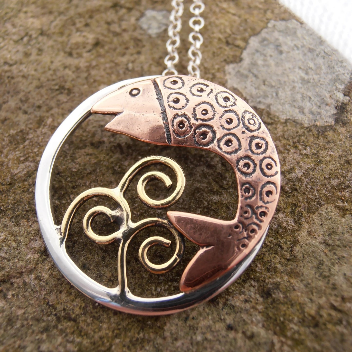 Salmon of Knowledge Pendant - Handmade in sterling silver, with brass spirals and a copper fish - circular design-