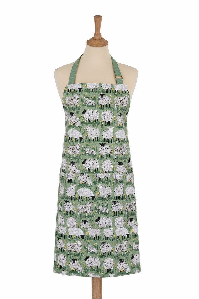 Ulster Weavers Apron - Woolly Sheep (100% Cotton Green) - front patch pocket - adjustable neck and waist ties