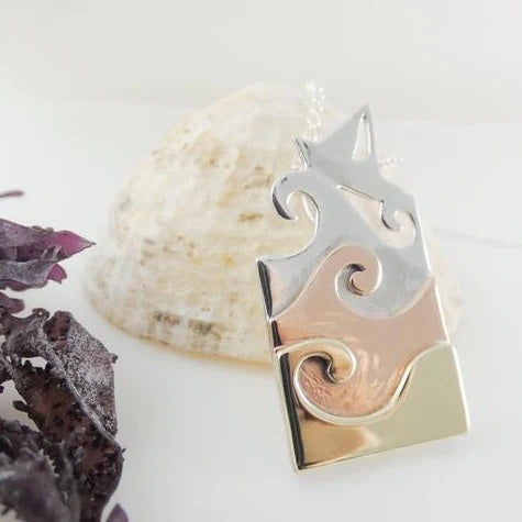 Wave Pendant- vertical rectangle- 3 waves - sterling silver - copper - brass