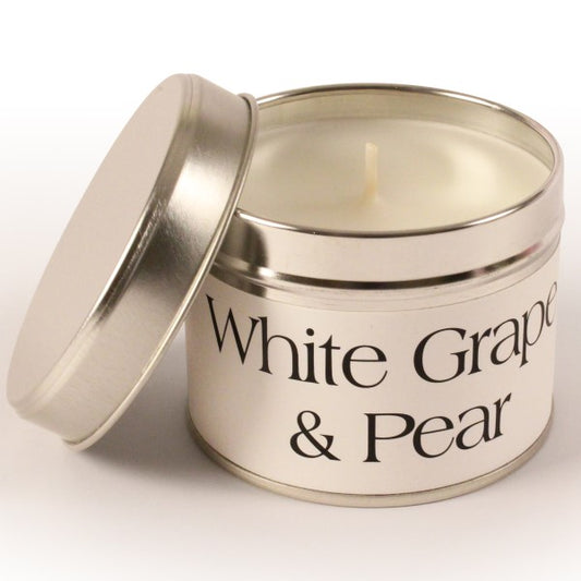 White Grape & Pear Coordinate Candle - Approx. 8cm x 6cm - White wax and white label - Tin - Burns up to 35 hours.