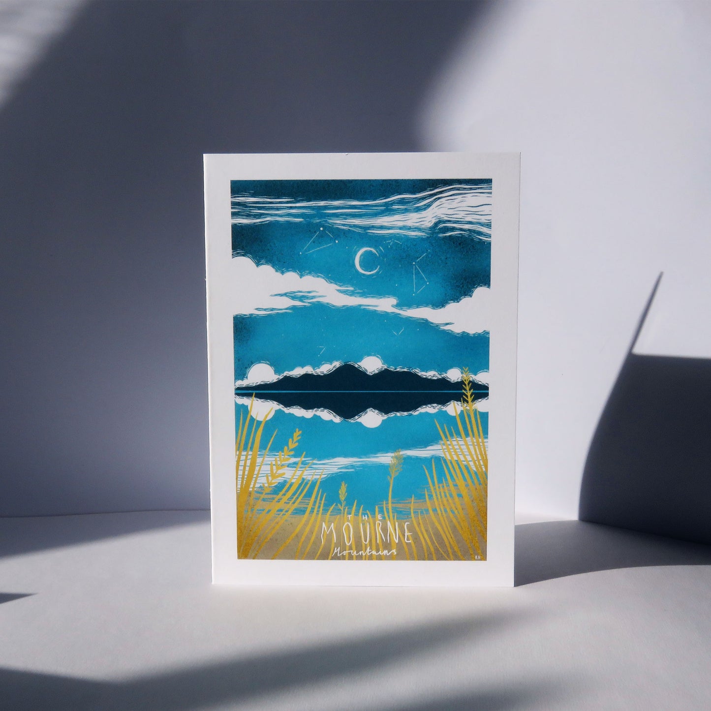 The Mournes In Blue Card - A6 card - blue sky - dark blue mournes - blue reflection of sky