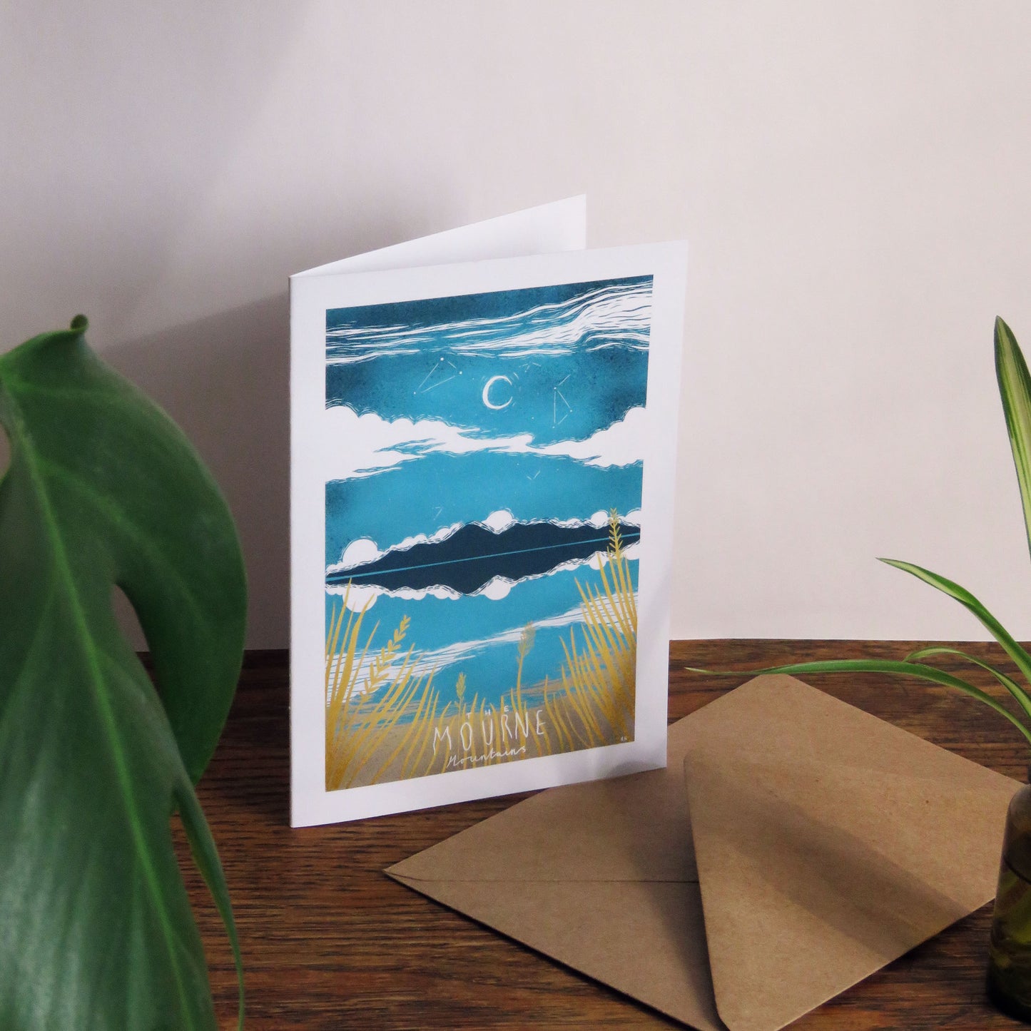 The Mournes In Blue Card - A6 card - blue sky - dark blue mournes - blue reflection of sky