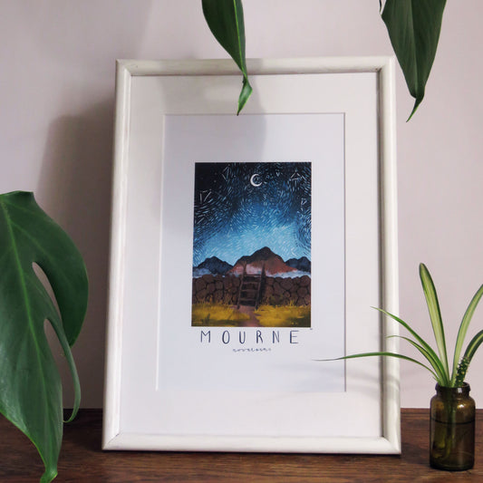 Up In The Mournes Print - A4 print - An illustration of a magical view up in the Mourne Mountains with a van gogh inspired sky - stile over mourne wall