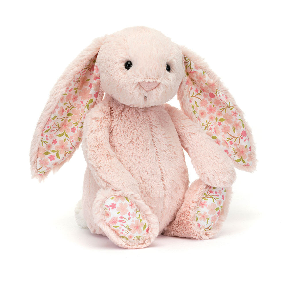 Blossom Blush Bunny 'Cherry' - blush pink fur - cotton floral ears and paw pads - pink flowers and green leaves ears and paw pads