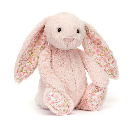 Blossom Blush Bunny 'Cherry' - blush pink fur - cotton floral ears and paw pads - pink flowers and green leaves ears and paw pads