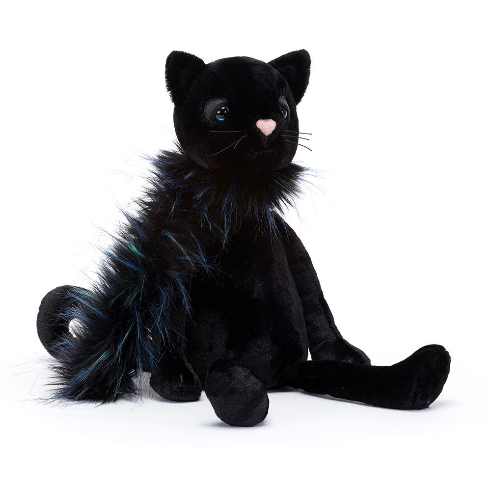 Glamorama Cat - inky black fur - black and peacock coloured boa - ink nose  - long tail