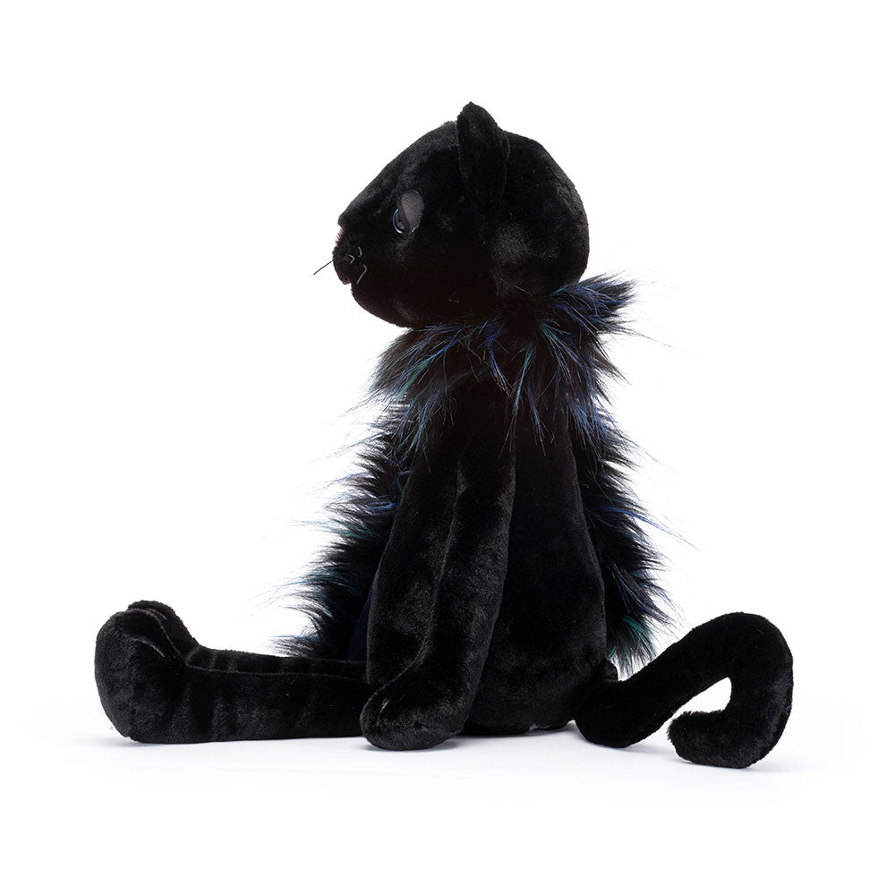 Glamorama Cat - inky black fur - black and peacock coloured boa - ink nose  - long tail