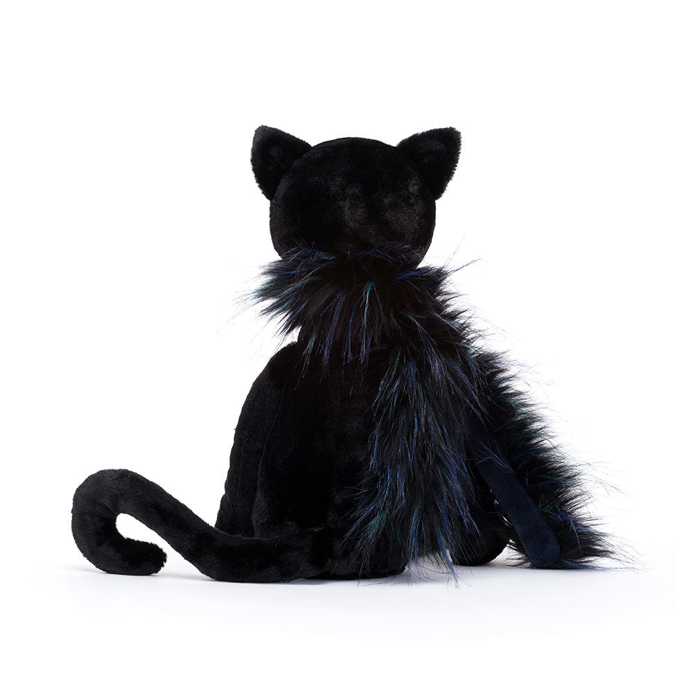 Glamorama Cat - inky black fur - black and peacock coloured boa - ink nose  - long tail