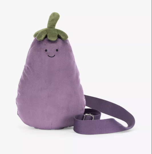 Jellycat Amuseables Aubergine Shoulder Bag - soft purple fur - green top - adjustable purple strap