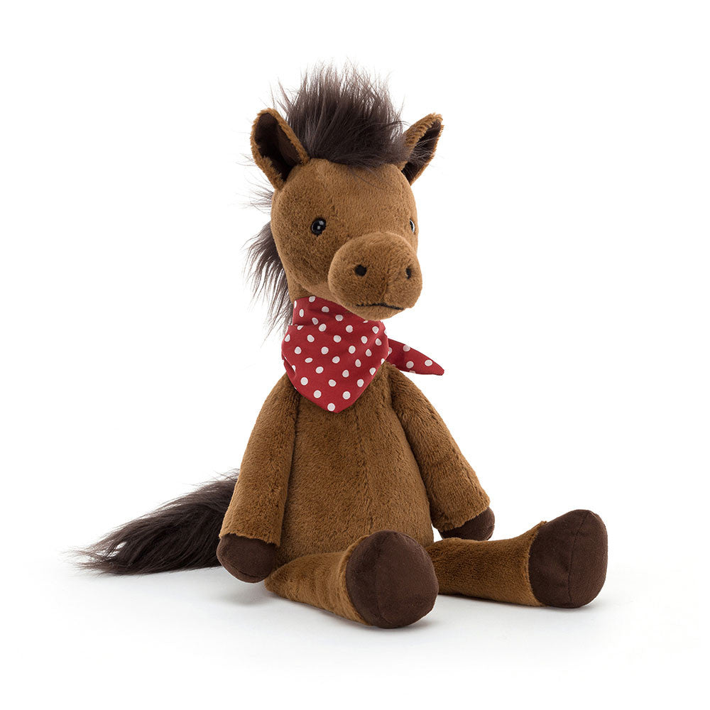 Orson Horse - scarlet red polka-dot neck chief - fudge coloured hooves n suede - gingerbread fur - brown mane and tail