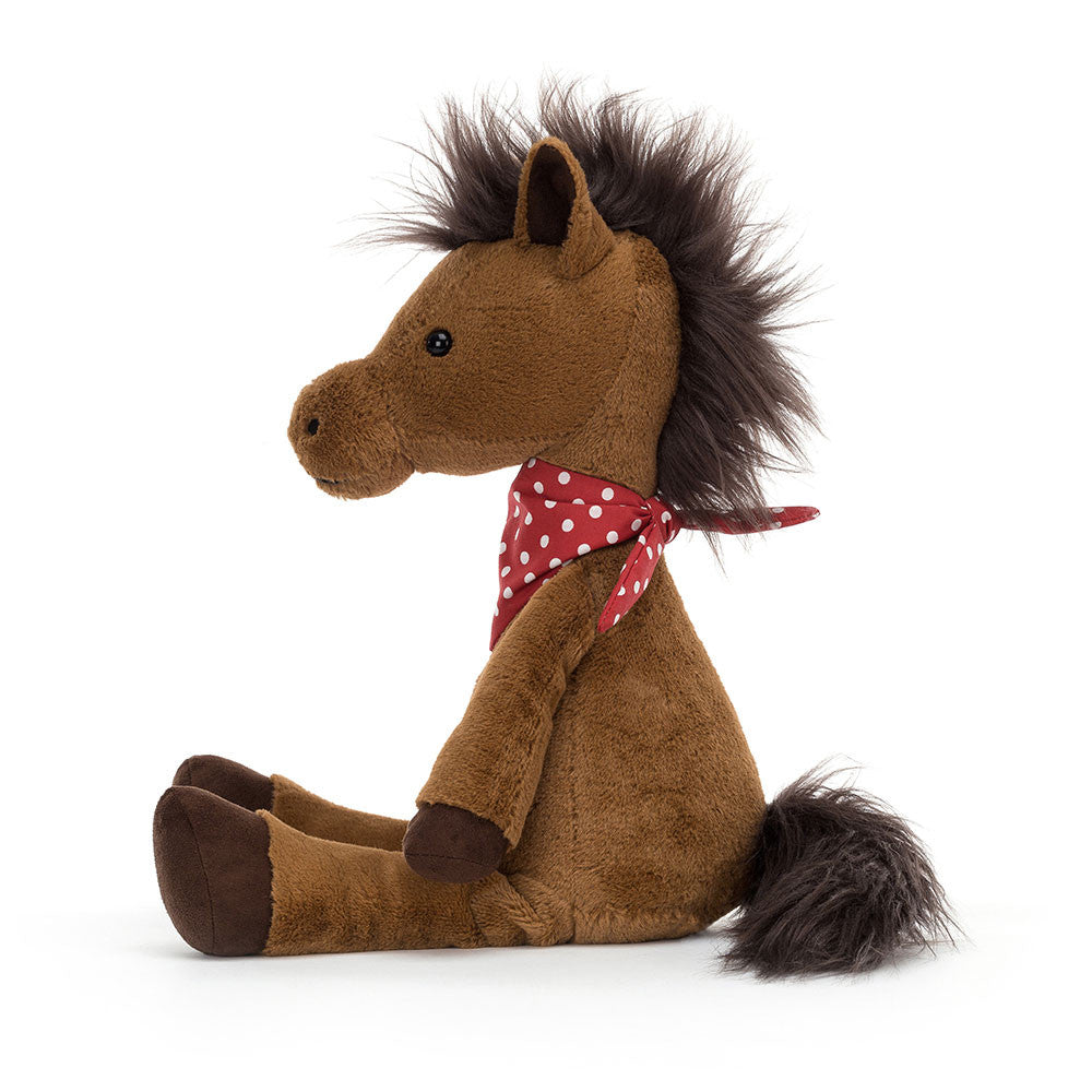 Orson Horse - scarlet red polka-dot neck chief - fudge coloured hooves n suede - gingerbread fur - brown mane and tail