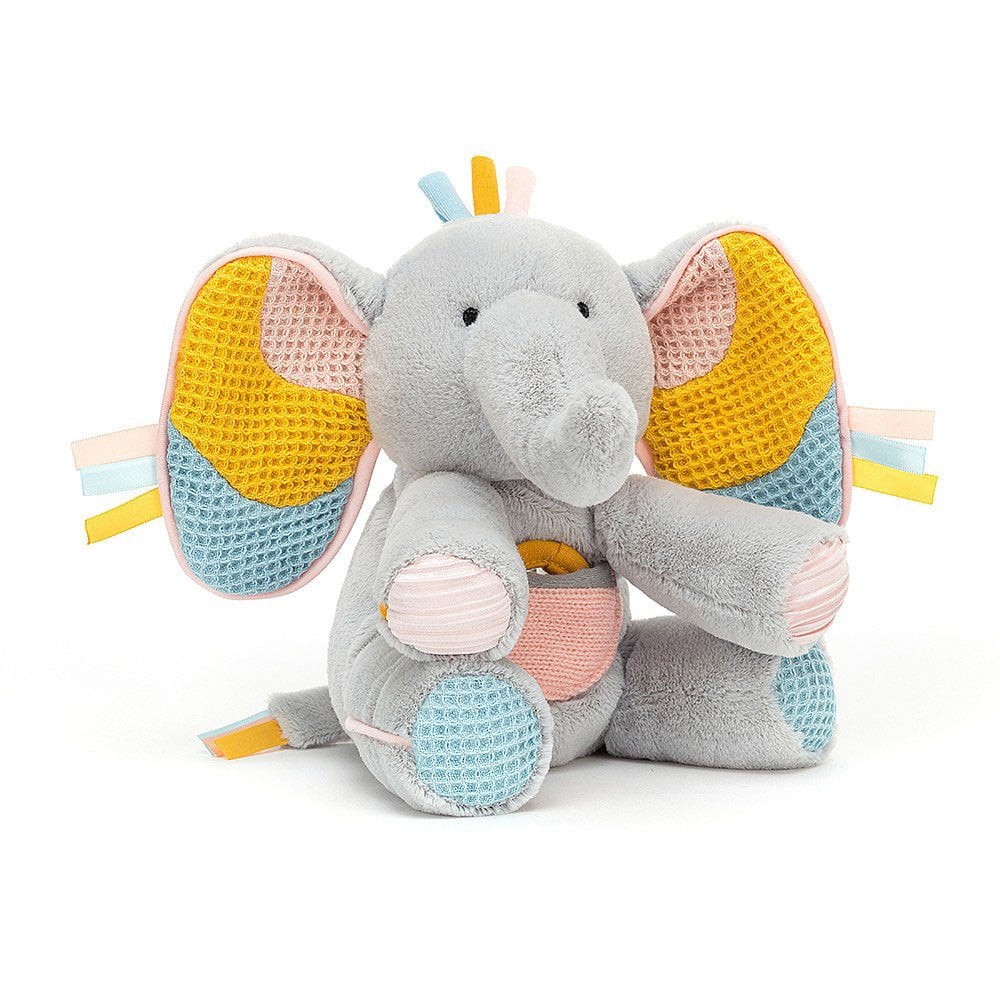 Peek-a-Book Elly Activity Toy - pale grey fur - mustard, pink, aqua crackly ears - mirror - woolly pocket - pink and aqua paws