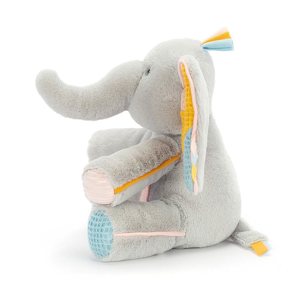 Peek-a-Book Elly Activity Toy - pale grey fur - mustard, pink, aqua crackly ears - mirror - woolly pocket - pink and aqua paws