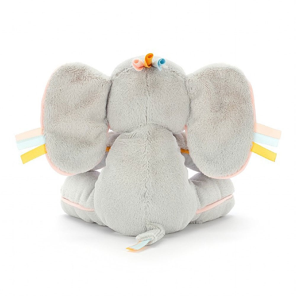 Peek-a-Book Elly Activity Toy - pale grey fur - mustard, pink, aqua crackly ears - mirror - woolly pocket - pink and aqua paws