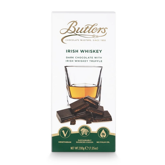 Butlers Irish Whiskey dark chocolate -packaging with a glass of whiskey -and chocolate pieces.