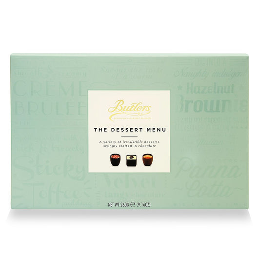 The Desert menu - light teal box - gold text - boxed chocolates
