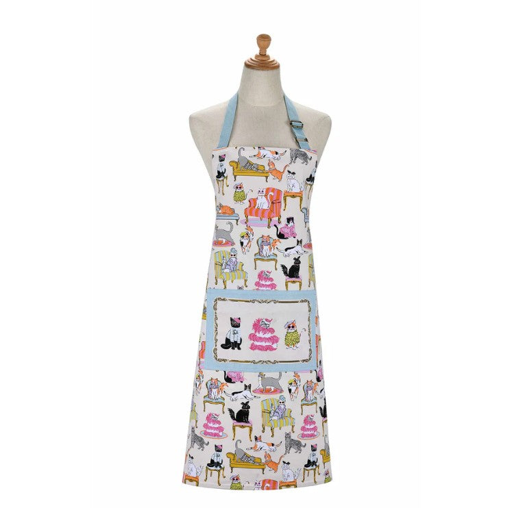 apron - glamourous cats - colourful - front pockets - blue trim 