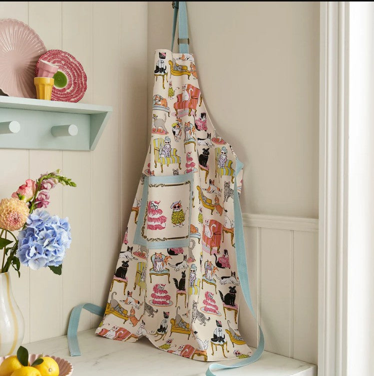 apron - glamourous cats - colourful - front pockets - blue trim 