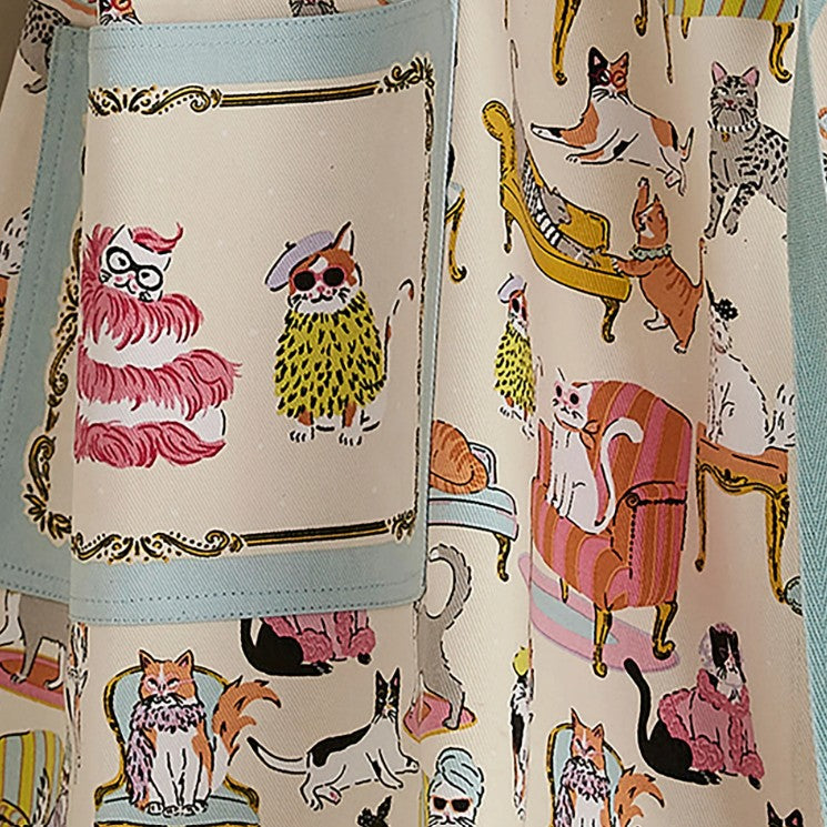 apron - glamourous cats - colourful - front pockets - blue trim 