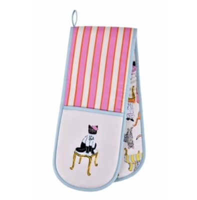 glamorous cat - candy pink stripe on one side - glamourous cats on other side - pale blue trim 
