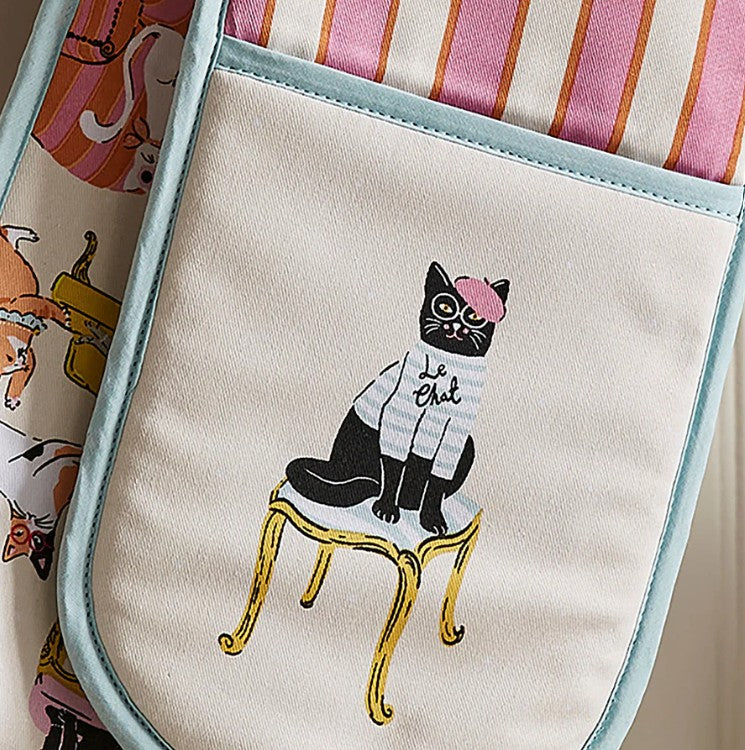 glamorous cat - candy pink stripe on one side - glamourous cats on other side - pale blue trim 