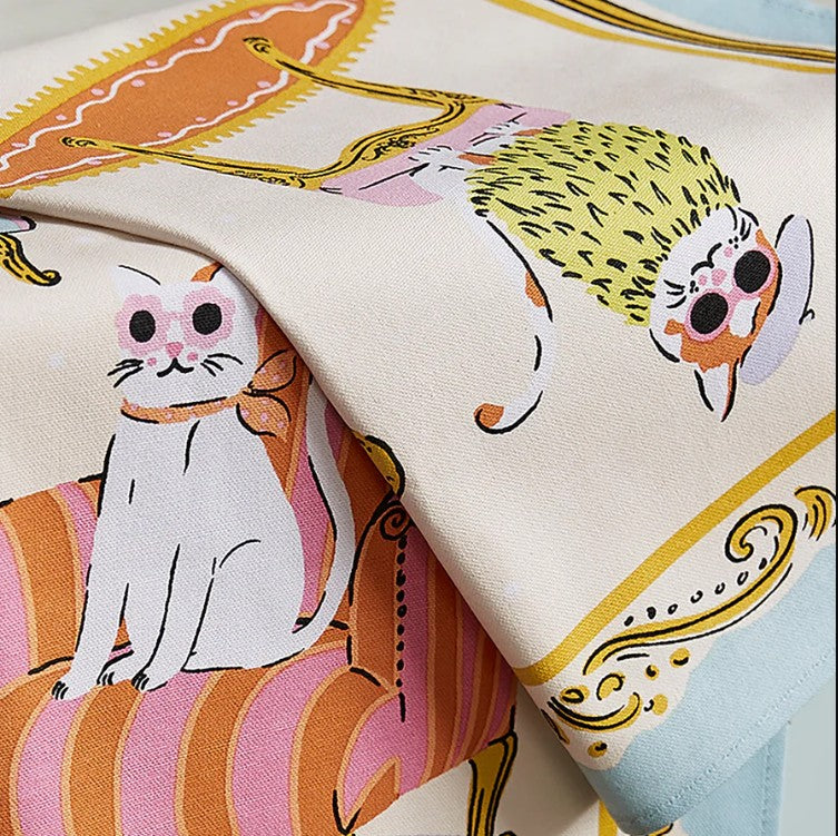 tea towel- pale blue border - cats on chairs - cats on chaise long -  glamorous cats -