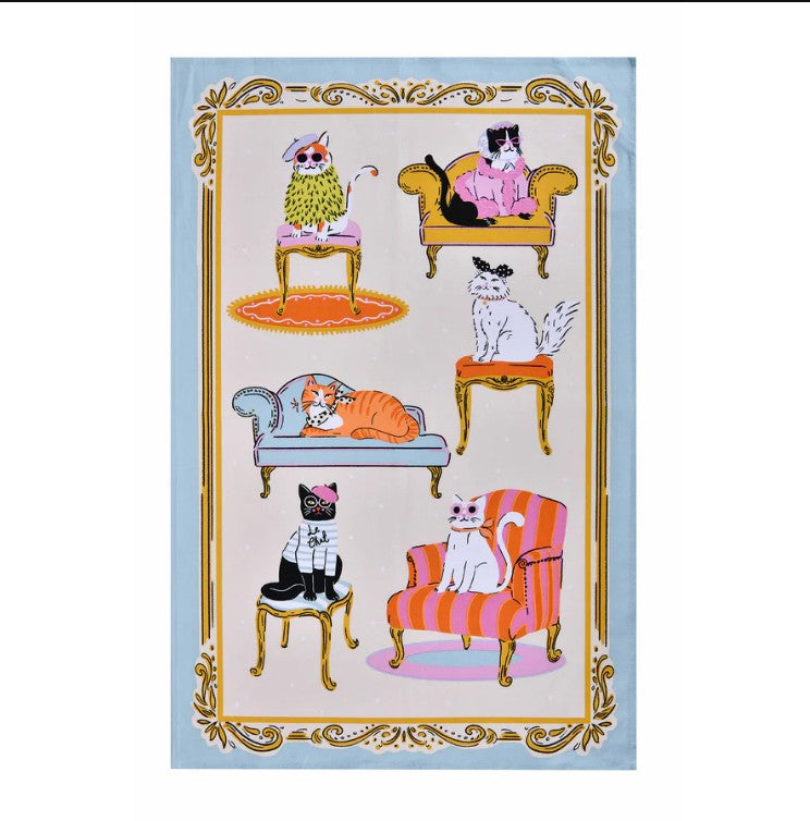 tea towel- pale blue border - cats on chairs - cats on chaise long -  glamorous cats -
