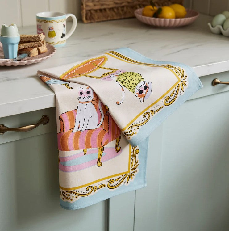 tea towel- pale blue border - cats on chairs - cats on chaise long -  glamorous cats -