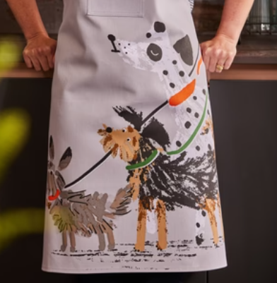 grey apron - orange ties - 3 different size dogs on front
