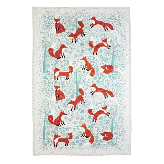 cream tea towel - red fox pattern - duck egg background