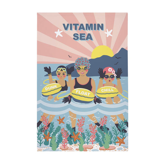 three swimmers in the ocean - pink sky -  colourful ocean floor 